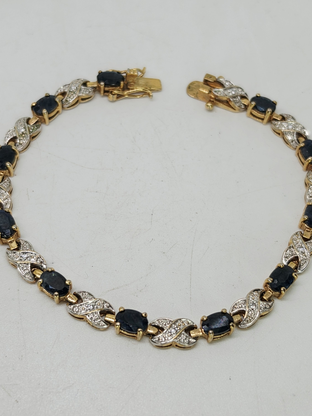 Vtg Genuine Blue Sapphire & Diamond Accent Gold Plated XO Tennis Bracelet 7.5"